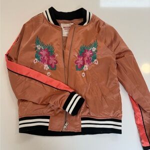 Mossimo Supply Co. Women's Bomber Jacket - Tan with Pink Floral Embroidery